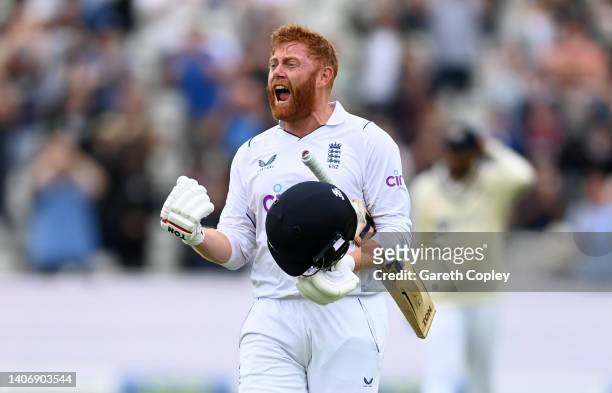 Jonathan Bairstow of England celebrates winning the Fifth LV= Insurance Test Match between England and India at Edgbaston on July 05, 2022 in...
