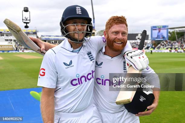 Joe Root and Jonathan Bairstow of England celebrate winning the Fifth LV= Insurance Test Match between England and India at Edgbaston on July 05,...