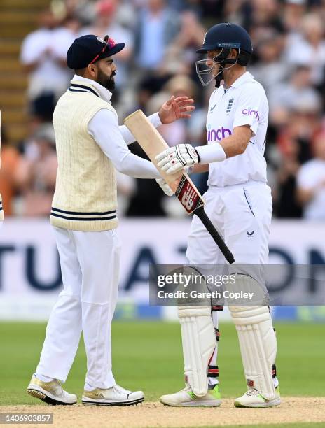 Joe Root of England and Virat Kohli of India shakes hands after the Fifth LV= Insurance Test Match between England and India at Edgbaston on July 05,...