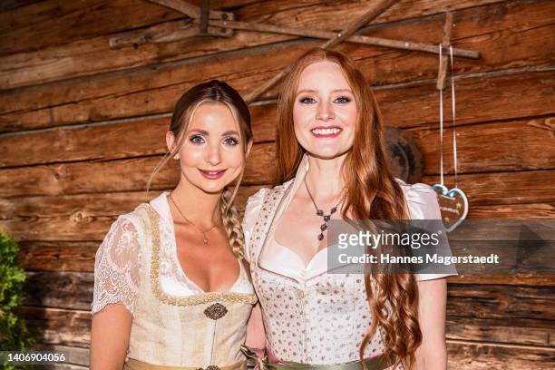 Anna Hiltrop and Barbara Meier attend the Barbara Meier x Angermaier greenline collection premiere on July 05, 2022 in Munich, Germany.