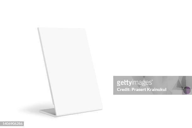 blank table tents menu on  white table - banner stand stock pictures, royalty-free photos & images