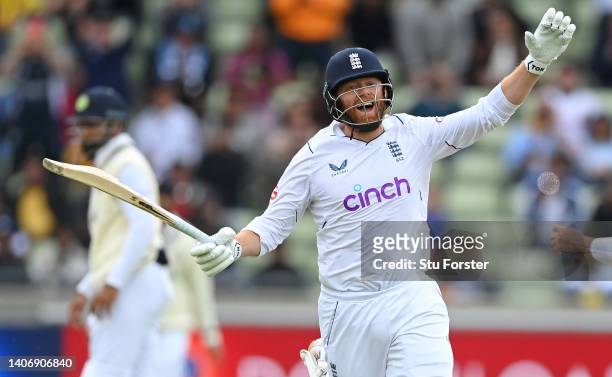 England batsman Jonny Bairstow celebrates his century during the Fifth and final day of the Fifth Test Match between England and India at Edgbaston...