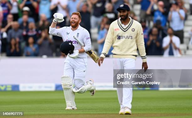 Jonathan Bairstow of England celebrates reaching his century with Joe Root during day five of Fifth LV= Insurance Test Match between England and...