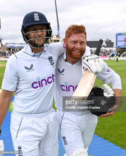 Joe Root and Jonathan Bairstow of England celebrate winning the Fifth LV= Insurance Test Match between England and India at Edgbaston on July 05,...