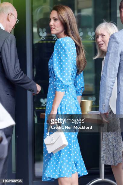 Catherine, Duchess of Cambridge arrives for Day 9 at All England Lawn Tennis and Croquet Club on July 05, 2022 in London, England.
