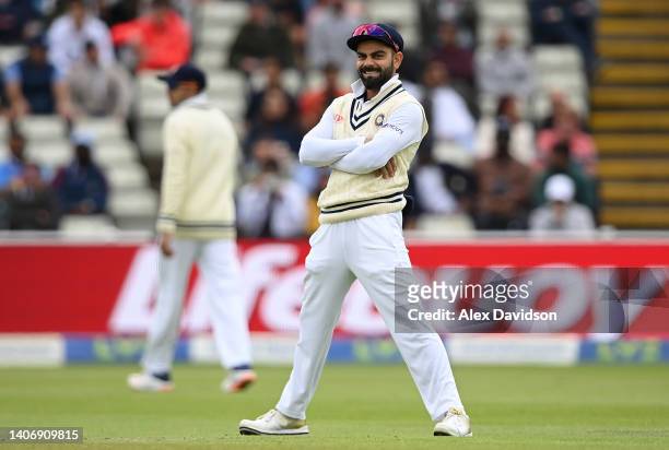 Virat Kohli of India reacts during Day Five of the Fifth LV=Insurance Test Match at Edgbaston on July 05, 2022 in Birmingham, England.