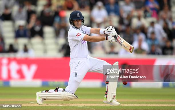 Joe Root of England hits runs during Day Five of the Fifth LV=Insurance Test Match at Edgbaston on July 05, 2022 in Birmingham, England.