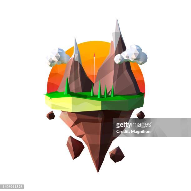 fliegende insel der dreiecke abstrakte berglandschaft mit einer rakete aus dreiecken - top prospects game stock-grafiken, -clipart, -cartoons und -symbole