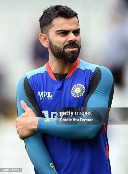 India player Virat Kohli looks on after the Fifth and final day of the Fifth Test Match between England and India at Edgbaston on July 05, 2022 in...