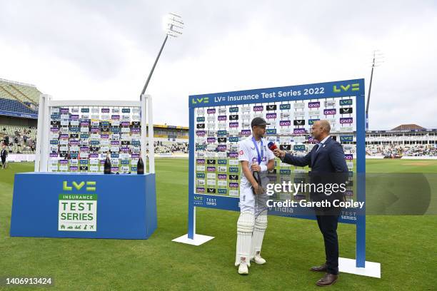 Man of the Series Joe Root of England is interviewed by Sky Sports commentator Mark Butcher after day five of Fifth LV= Insurance Test Match between...