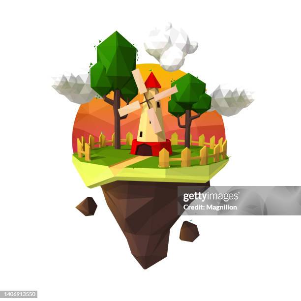 flying island of triangles with windmill, trees, sun - fantasy factory stock illustrations