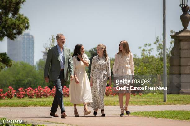 King Felipe VI; Queen Letizia; Princess Leonor and Infanta Sofia, on their arrival at a Princess of Girona Foundation youth workshop at the Albeniz...