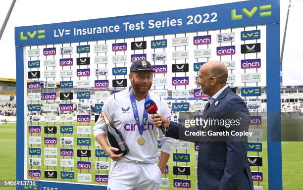 Man of the Match Jonathan Bairstow is interviewed by Sky Sports commentator Mark Butcher after day five of Fifth LV= Insurance Test Match between...