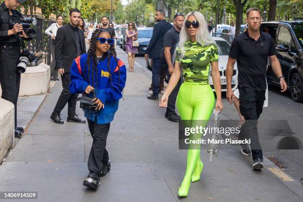 Kim Kardashian and North West are seen during the Paris Fashion Week *on July 05, 2022 in Paris, France.