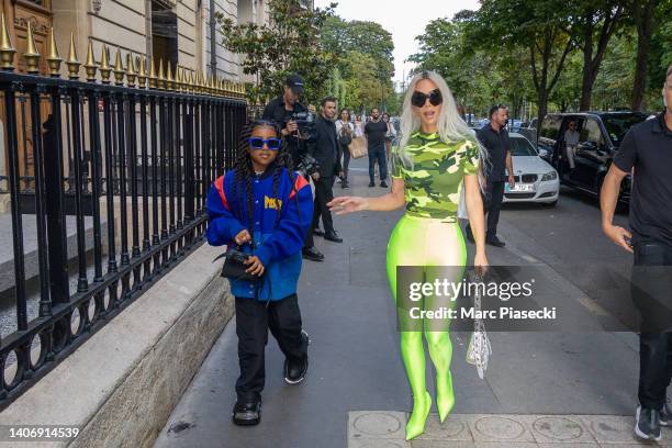 Kim Kardashian and North West are seen during the Paris Fashion Week *on July 05, 2022 in Paris, France.