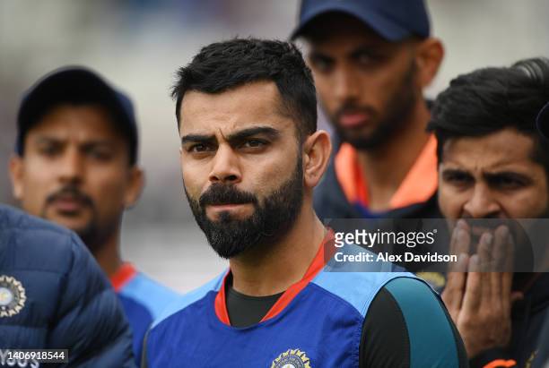 Virat Kohli of India looks on after defeat on Day Five of the Fifth LV=Insurance Test Match at Edgbaston on July 05, 2022 in Birmingham, England.