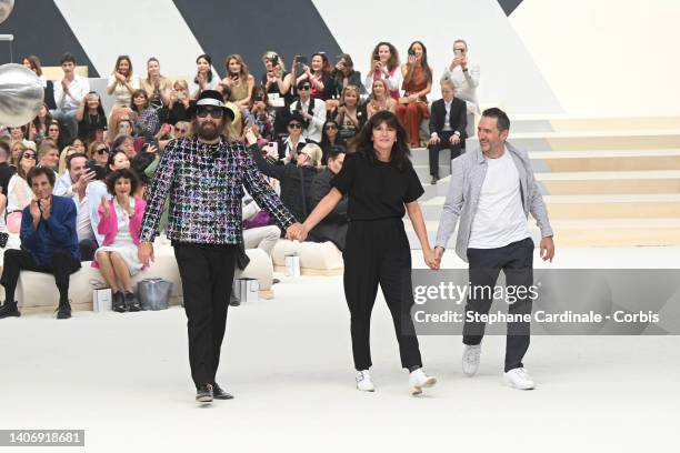 Sébastien Tellier, Virginie Viard and Xavier Veilhan walk the runway during the Chanel Haute Couture Fall Winter 2022 2023 show as part of Paris...