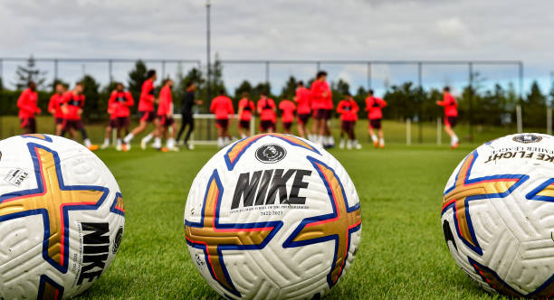 General view of Premier League 22/23 match ball during a pre-season training session at AXA Training Centre on July 05, 2022 in Kirkby, England.