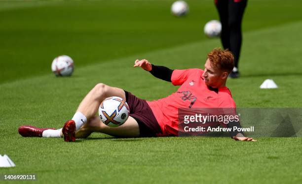 Sepp van den Berg of Liverpool during a pre-season training session at AXA Training Centre on July 05, 2022 in Kirkby, England.