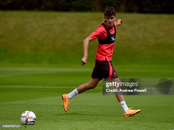 Owen Beck of Liverpool during a pre-season training session at AXA Training Centre on July 05, 2022 in Kirkby, England.