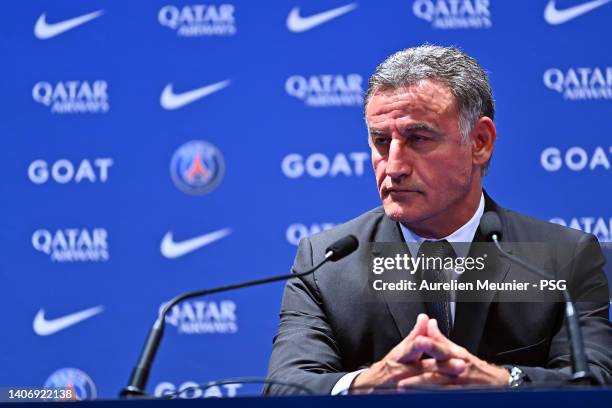 Newly appointed Paris Saint-Germain coach Christophe Galtier answers journalists during the press conference of Paris at Parc des Princes on July 05,...