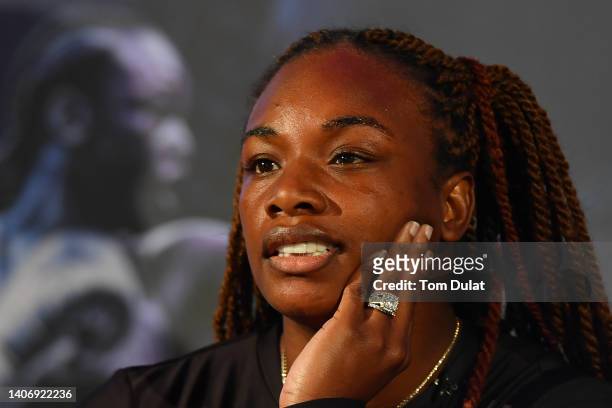 Claressa Shields speaks to the media during the Claressa Shields v Savannah Marshall BOXXER Press Conference at The Banking Hall on July 05, 2022 in...