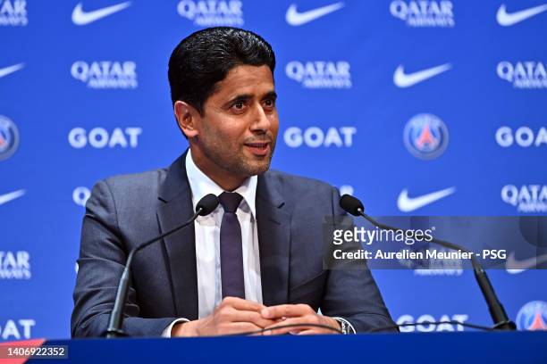 Paris Saint-Germain President Nasser Al Khelaifi answers journalists during the press conference of Paris at Parc des Princes on July 05, 2022 in...