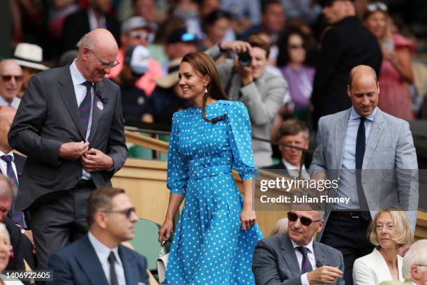 Catherine, Duchess of Cambridge and Prince William, Duke of Cambridge are seen in the Royal Box before Novak Djokovic of Serbia plays a forehand...