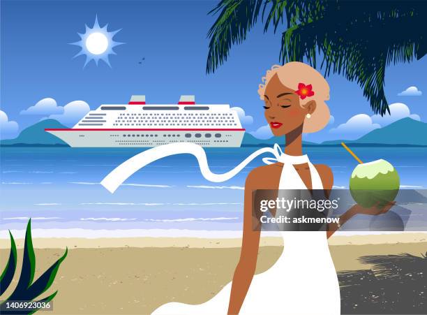 young woman on the seaside and ocean liner anchored in the background - blonde attraction stock illustrations