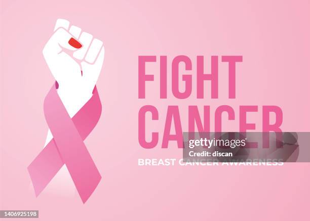 breast cancer awareness month campaign poster with hands fist protesting. - woman pink background stock illustrations