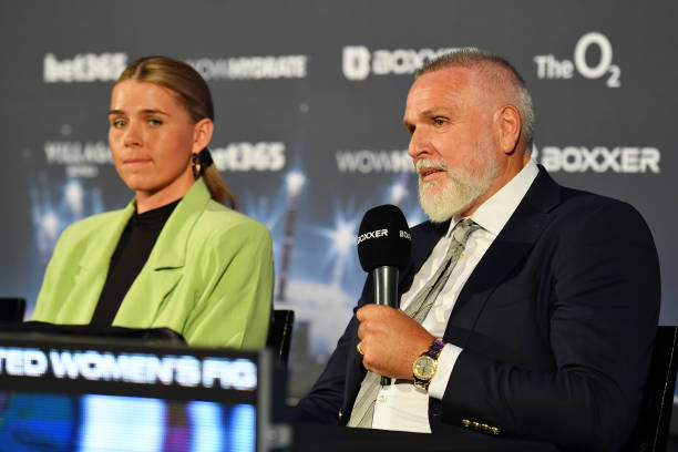 Peter Fury, Trainer of Savannah Marshall speaks to the media during the Claressa Shields v Savannah Marshall BOXXER Press Conference at The Banking...