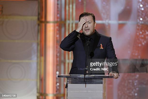 67th ANNUAL GOLDEN GLOBE AWARDS -- Pictured: Host Ricky Gervais on stage during the 67th Annual Golden Globe Awards held at the Beverly Hilton Hotel...