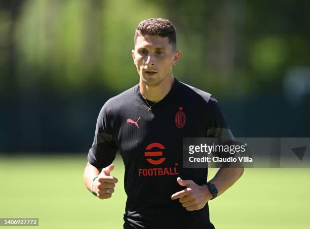 Mattia Caldara of AC Milan in action during a training session at Milanello on July 05, 2022 in Cairate, Italy.