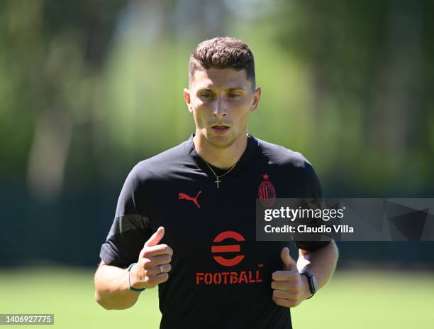 Mattia Caldara of AC Milan in action during a training session at Milanello on July 05, 2022 in Cairate, Italy.