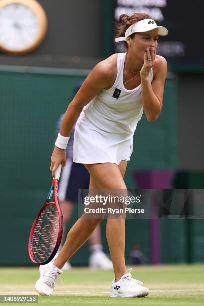 Tatjana Maria of Germany celebrates after winning match point against Jule Niemeier of Germany during their Women's Singles Quarter Final match on...