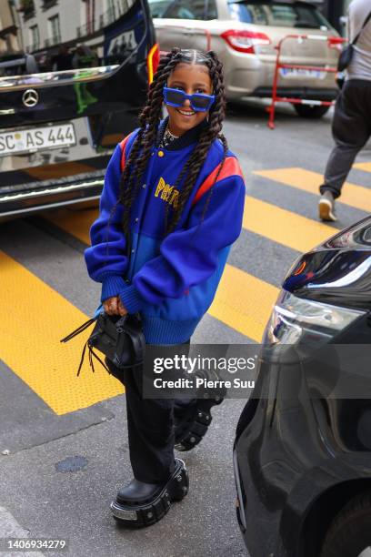 Kim Kardashian and North West are seen at a Balenciga store on July 05, 2022 in Paris, France.