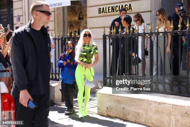 Kim Kardashian and North West are seen at a Balenciga store on July 05, 2022 in Paris, France.