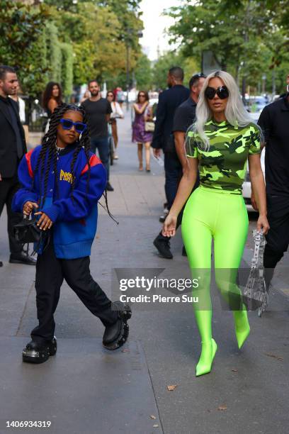 Kim Kardashian and North West are seen at a Balenciga store on July 05, 2022 in Paris, France.