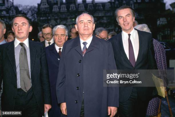 David Steel, leader of the Liberal Party, Mikhail Gorbachev, Russian Politburo member and second in line at the Kremlin, and David Owen, leader of...