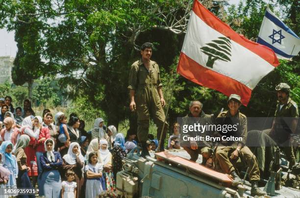 Israeli soldiers in the captured Lebanese port city of Sidon during the Israeli army invasion named Operation Peace for the Galilee in Sidon,...