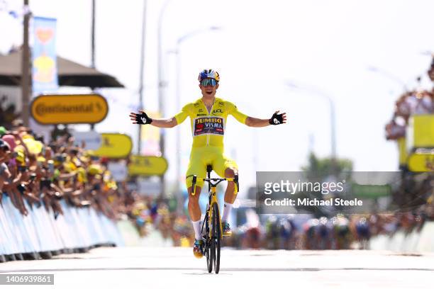 Wout Van Aert of Belgium and Team Jumbo - Visma Yellow Leader Jersey celebrates at finish line as stage winner during the 109th Tour de France 2022,...