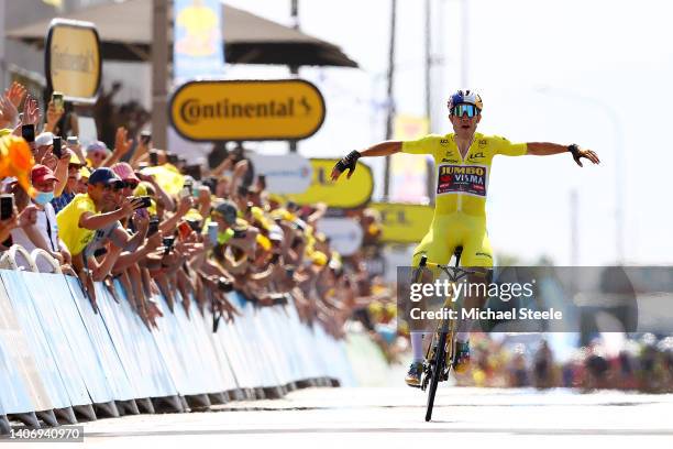 Wout Van Aert of Belgium and Team Jumbo - Visma Yellow Leader Jersey celebrates at finish line as stage winner during the 109th Tour de France 2022,...