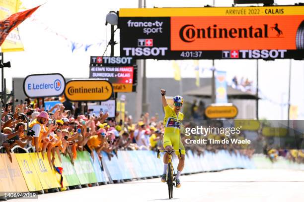 Wout Van Aert of Belgium and Team Jumbo - Visma Yellow Leader Jersey celebrates at finish line as stage winner during the 109th Tour de France 2022,...