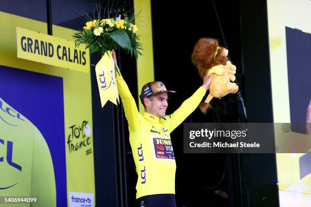 Wout Van Aert of Belgium and Team Jumbo - Visma Yellow Leader Jersey celebrates at podium during the 109th Tour de France 2022, Stage 4 a 171,5km...