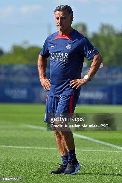 Newly appointed coach Christophe Galtier looks on during the training of Paris Saint-Germain on July 05, 2022 in Paris, France.