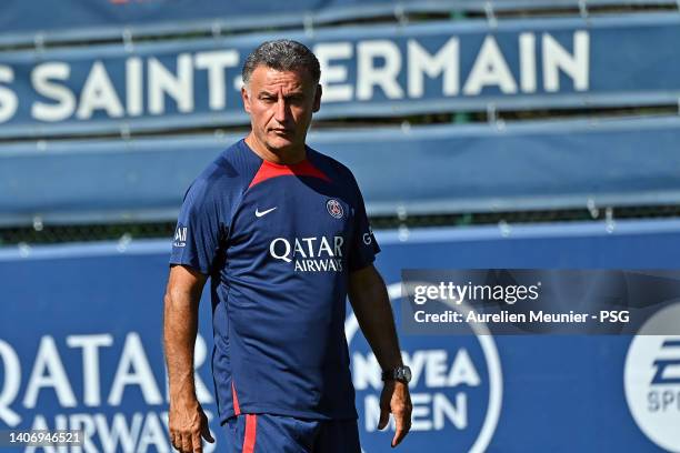 Newly appointed coach Christophe Galtier looks on during the training of Paris Saint-Germain on July 05, 2022 in Paris, France.