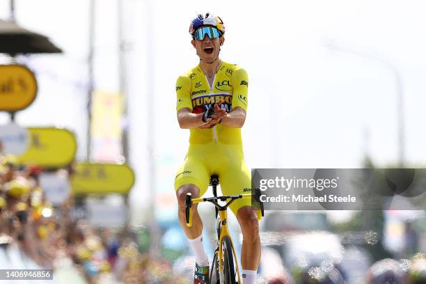 Wout Van Aert of Belgium and Team Jumbo - Visma Yellow Leader Jersey celebrates at finish line as stage winner during the 109th Tour de France 2022,...