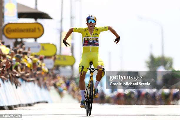 Wout Van Aert of Belgium and Team Jumbo - Visma Yellow Leader Jersey celebrates at finish line as stage winner during the 109th Tour de France 2022,...