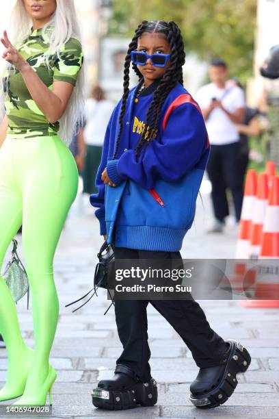 Kim Kardashian and North West are seen leaving the Jean-Paul Gaultier headquarters on July 05, 2022 in Paris, France.