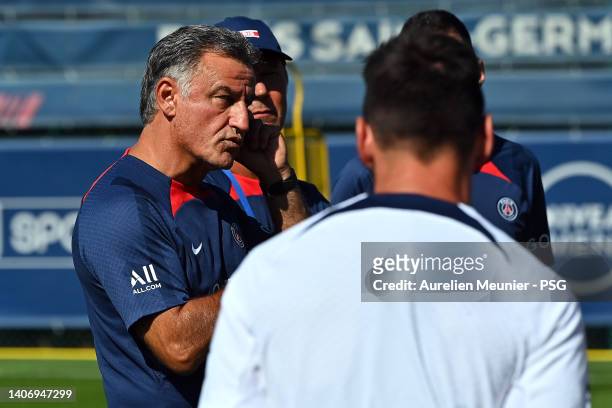 Newly appointed coach Christophe Galtier adresses the players during the training of Paris Saint-Germain on July 05, 2022 in Paris, France.